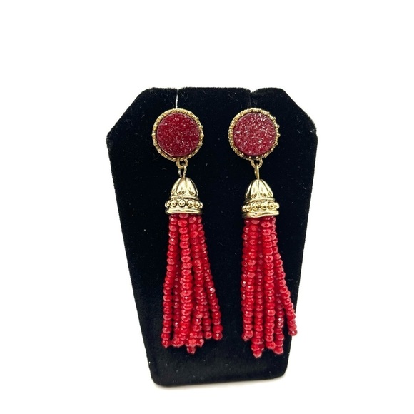 Red Drusey Gold Tone Earrings with Sparkling Long Beaded Tassels Rich Red Color - Picture 4 of 9